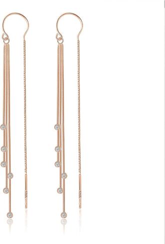 Meissa Sterling Silver Threader Earrings Rose Gold Long Earrings Wedding Bridal Statement Earrings Elegant Diamond Threader Handmade Jewelry Gift (Rose Gold) in Saudi Arabia