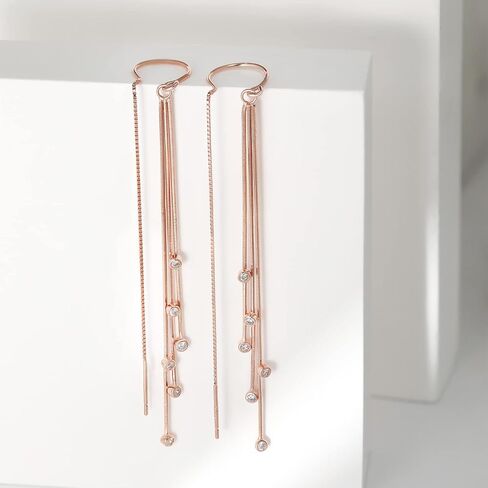 Meissa Sterling Silver Threader Earrings Rose Gold Long Earrings Wedding Bridal Statement Earrings Elegant Diamond Threader Handmade Jewelry Gift (Rose Gold) in Saudi Arabia