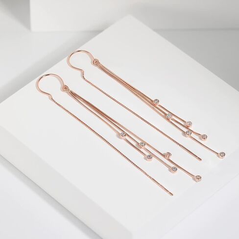 Meissa Sterling Silver Threader Earrings Rose Gold Long Earrings Wedding Bridal Statement Earrings Elegant Diamond Threader Handmade Jewelry Gift (Rose Gold) in Saudi Arabia