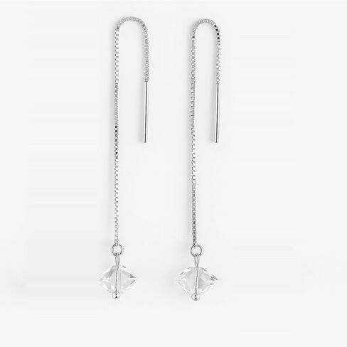 Herkimer Diamond Threader Earrings – Pull Through Drop Design in Solid 925 Sterling Silver | Natural Raw Quartz Crystal Dangle Earrings for Women MSJ By Monica in Saudi Arabia