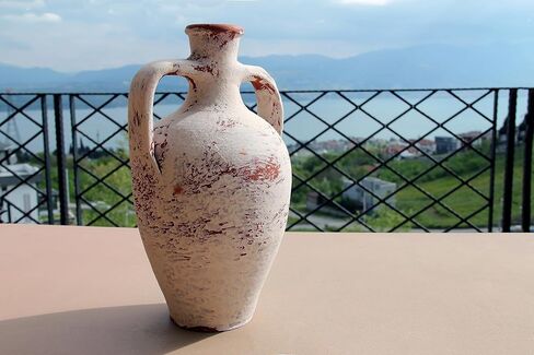 Hierapolis White Travertine Washed Terracotta Double Handled Amphora Water Jug, Clay Pitcher, Wine Carafe, Pottery Jar, Home Decor Vase Gift in Saudi Arabia