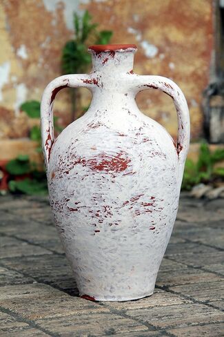 Hierapolis White Travertine Washed Terracotta Double Handled Amphora Water Jug, Clay Pitcher, Wine Carafe, Pottery Jar, Home Decor Vase Gift in Saudi Arabia