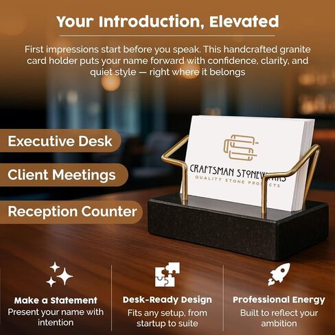 حامل بطاقة أعمال الحجر الطبيعي - Craftsman Stoneworks Desktop Display Stand With With Wire Metal Offical Professionals - يحمل ما يصل إلى 70 بطاقة (جرانيت أسود) in Kuwait