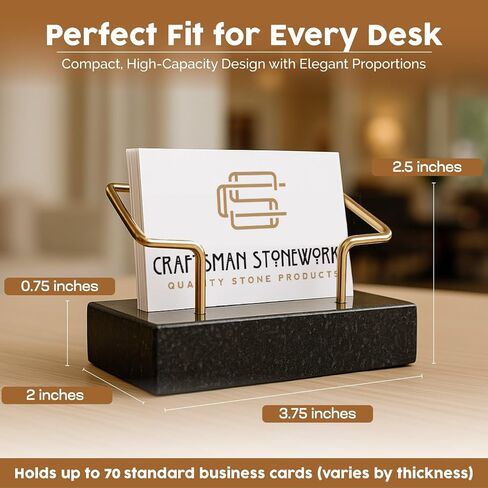 حامل بطاقة أعمال الحجر الطبيعي - Craftsman Stoneworks Desktop Display Stand With With Wire Metal Offical Professionals - يحمل ما يصل إلى 70 بطاقة (جرانيت أسود) in Kuwait