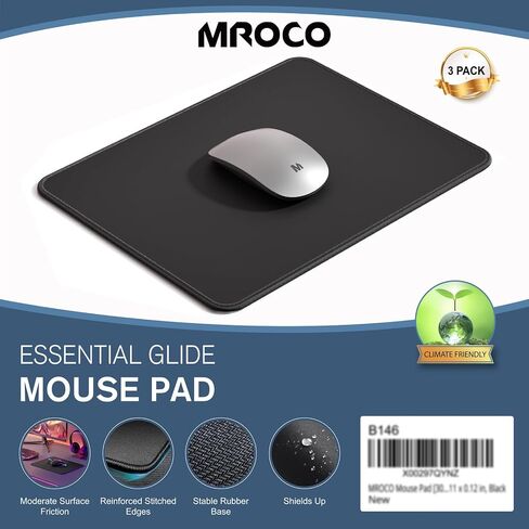 وسادة الماوس mroco [أكبر 30 ٪] مع حواف مخيط ، 3 حزمة مميزة ومقاومة للموسى المائية مع قاعدة مطاطية غير انزلاق لأجهزة الكمبيوتر ، الكمبيوتر المحمول ، الكمبيوتر ، المكتب والمنزل ، 8.5 × 11 × 0.12 في ، أسود in Kuwait