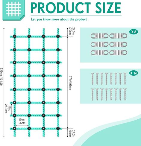 Hiboom Climbing Cargo Net للأطفال في الهواء الطلق 30 × 108 ملحقات ملعب شبكات التسلق لشبكة الصالات الرياضية لصالح جيمز عقبة التدريب على ترقيات مستودعات الثقيلة مع أبازيم إصلاح المعادن مع المعادن in Saudi Arabia