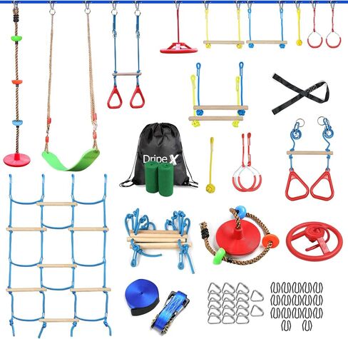 Ninja Obstacle Course for Kids Backyard - 10 Durable Obstacles and 60' Slackline - Outdoor Warrior Obstacle Playset Equipment with Gymnastic Ring, Rope Ladder, Ninja Wheel, Climbing Rope Swing in Saudi Arabia