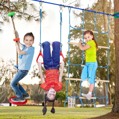 Ninja Obstacle Course for Kids Backyard - 10 Durable Obstacles and 60' Slackline - Outdoor Warrior Obstacle Playset Equipment with Gymnastic Ring, Rope Ladder, Ninja Wheel, Climbing Rope Swing in Saudi Arabia