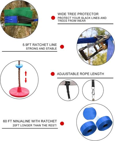 Ninja Obstacle Course for Kids Backyard - 10 Durable Obstacles and 60' Slackline - Outdoor Warrior Obstacle Playset Equipment with Gymnastic Ring, Rope Ladder, Ninja Wheel, Climbing Rope Swing in Saudi Arabia