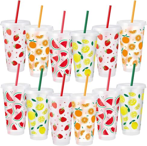 Chuangdi 12 Set 24 Oz Fruit Party Cups Reusable Plastic Cups with Lids and Straws Summer Red Watermelon Strawberry Lemon Orange Cold Beverage Drinking Container for Fruit Birthday Party Supplies in Saudi Arabia