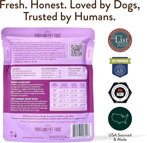Portland Pet Food Company Winnie's Lamb N' Rice Fresh Dog Food Pouches, Wet Pet Meal Topper Mixers & Meals - Large & Small Dogs, Puppy to Seniors - Human-Grade, Gluten-Free - Made in The USA - 8 Pack in Kuwait