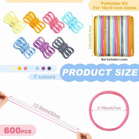 Daifunli 600 Pcs 10 Inch Potholder Loom Loop Bulk Weaving Loop Craft Kit Colorful Flexible Potholder Loom Complete Kit to Weave 18 Large, Refill Elastic Weaving for DIY Crafts Supplies(Bright Color) in Kuwait