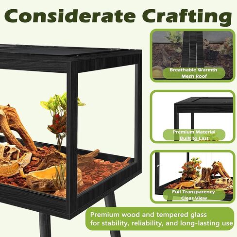 PROLEE Bearded Dragon Tank with Leg,Tempered Glass Lizard Tanks and Reptile Enclosure,Up to 78 Gallon Reptile Tank with Metal Mesh and Lockable Door for Snakes,Chameleon (Black, 60Gallons,40inch) in Kuwait