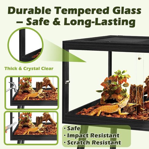 PROLEE Bearded Dragon Tank with Leg,Tempered Glass Lizard Tanks and Reptile Enclosure,Up to 78 Gallon Reptile Tank with Metal Mesh and Lockable Door for Snakes,Chameleon (Black, 60Gallons,40inch) in Kuwait