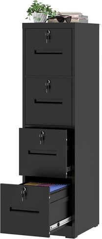 File Cabinet 4 Drawer with Lock, Vertical Filing Cabinets for Home Office, Metal Steel Storage Cabinet for Letter/Legal Size File, Assembly Required(Black) in Kuwait
