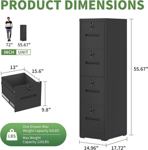 File Cabinet 4 Drawer with Lock, Vertical Filing Cabinets for Home Office, Metal Steel Storage Cabinet for Letter/Legal Size File, Assembly Required(Black) in Kuwait