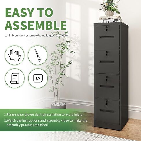 File Cabinet 4 Drawer with Lock, Vertical Filing Cabinets for Home Office, Metal Steel Storage Cabinet for Letter/Legal Size File, Assembly Required(Black) in Kuwait