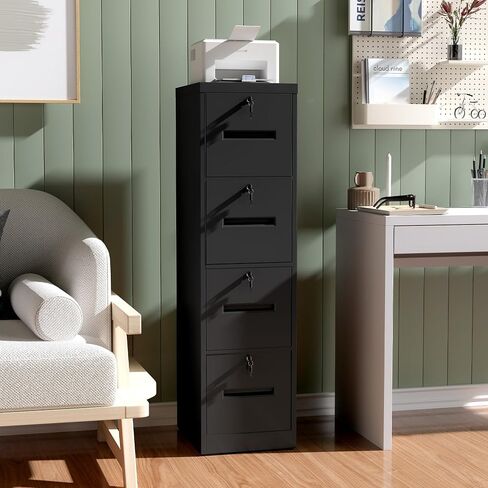 File Cabinet 4 Drawer with Lock, Vertical Filing Cabinets for Home Office, Metal Steel Storage Cabinet for Letter/Legal Size File, Assembly Required(Black) in Kuwait
