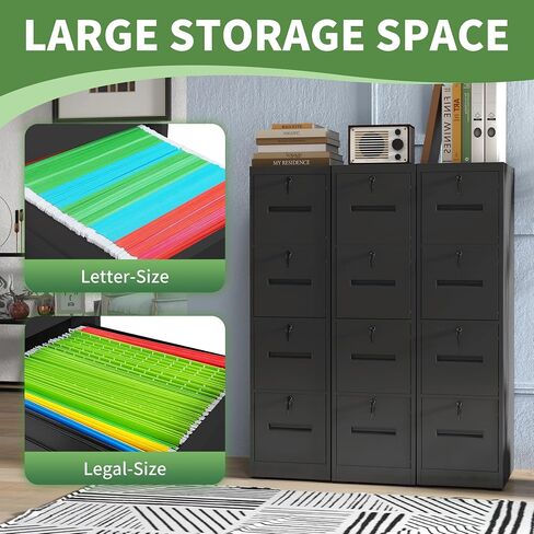File Cabinet 4 Drawer with Lock, Vertical Filing Cabinets for Home Office, Metal Steel Storage Cabinet for Letter/Legal Size File, Assembly Required(Black) in Kuwait