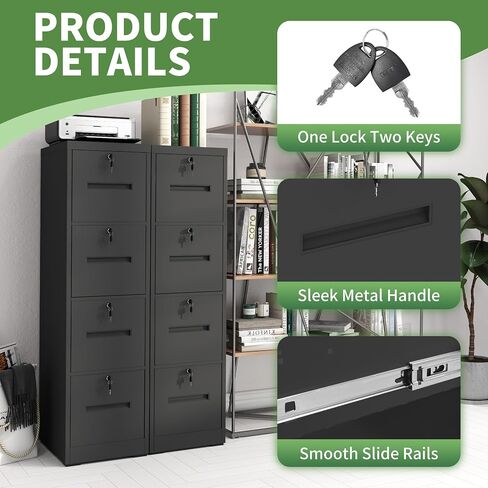 File Cabinet 4 Drawer with Lock, Vertical Filing Cabinets for Home Office, Metal Steel Storage Cabinet for Letter/Legal Size File, Assembly Required(Black) in Kuwait
