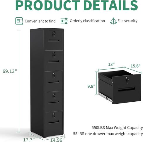 File Cabinet 4 Drawer with Lock, Vertical Filing Cabinets for Home Office, Metal Steel Storage Cabinet for Letter/Legal Size File, Assembly Required(Black) in Kuwait
