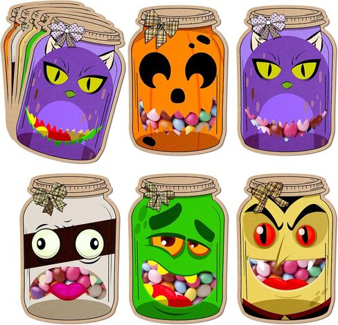 50 حزمة Halloween Mason Jar Cards - بطاقات DIY مع أكياس حلوى واضحة للأطفال ، خدعة مدرسة هالوين أو حقائب علاج ، هدايا عطلة الفصل الدراسي للطفل in Saudi Arabia