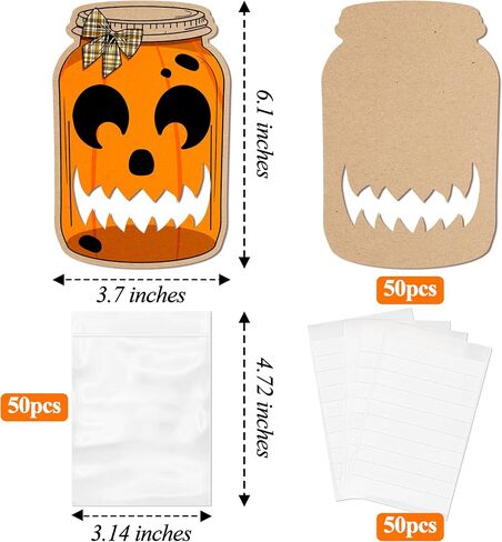 50 حزمة Halloween Mason Jar Cards - بطاقات DIY مع أكياس حلوى واضحة للأطفال ، خدعة مدرسة هالوين أو حقائب علاج ، هدايا عطلة الفصل الدراسي للطفل in Saudi Arabia