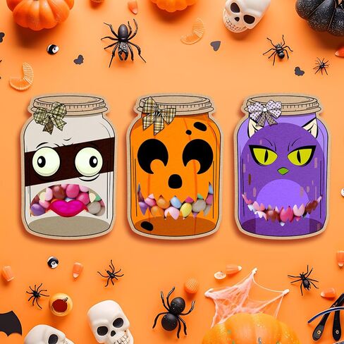 50 حزمة Halloween Mason Jar Cards - بطاقات DIY مع أكياس حلوى واضحة للأطفال ، خدعة مدرسة هالوين أو حقائب علاج ، هدايا عطلة الفصل الدراسي للطفل in Saudi Arabia