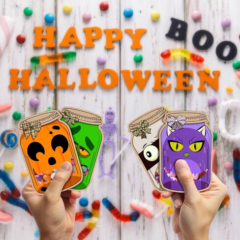 50 حزمة Halloween Mason Jar Cards - بطاقات DIY مع أكياس حلوى واضحة للأطفال ، خدعة مدرسة هالوين أو حقائب علاج ، هدايا عطلة الفصل الدراسي للطفل in Saudi Arabia