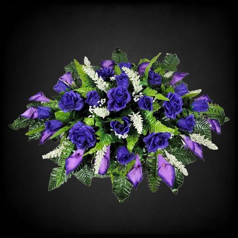 Cemetery Saddle Memorial Decoration - Realistic Silk Faux Floral Artificial Grave Flowers - Purple Roses and Calla Lilies for Headstone Decorating in Saudi Arabia