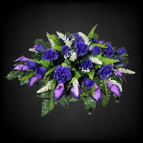 Cemetery Saddle Memorial Decoration - Realistic Silk Faux Floral Artificial Grave Flowers - Purple Roses and Calla Lilies for Headstone Decorating in Saudi Arabia