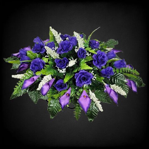 Cemetery Saddle Memorial Decoration - Realistic Silk Faux Floral Artificial Grave Flowers - Purple Roses and Calla Lilies for Headstone Decorating in Saudi Arabia