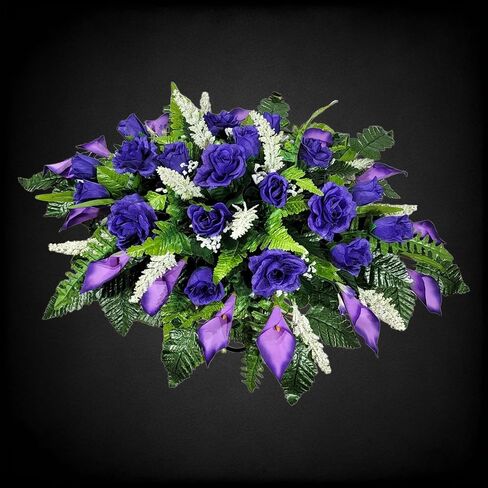 Cemetery Saddle Memorial Decoration - Realistic Silk Faux Floral Artificial Grave Flowers - Purple Roses and Calla Lilies for Headstone Decorating in Saudi Arabia