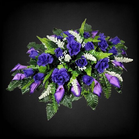 Cemetery Saddle Memorial Decoration - Realistic Silk Faux Floral Artificial Grave Flowers - Purple Roses and Calla Lilies for Headstone Decorating in Saudi Arabia