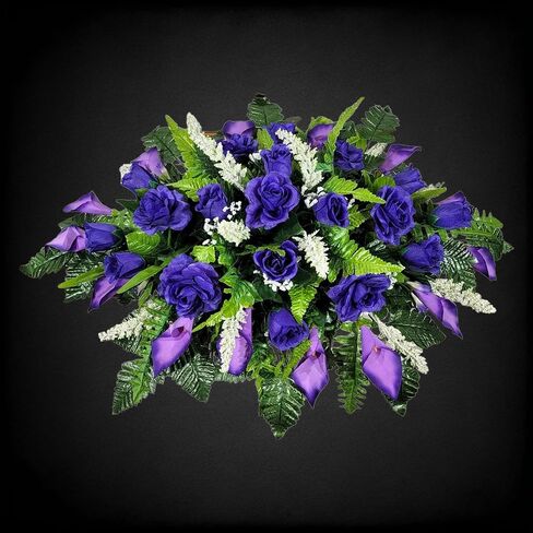 Cemetery Saddle Memorial Decoration - Realistic Silk Faux Floral Artificial Grave Flowers - Purple Roses and Calla Lilies for Headstone Decorating in Saudi Arabia