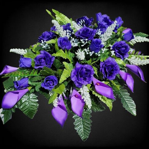 Cemetery Saddle Memorial Decoration - Realistic Silk Faux Floral Artificial Grave Flowers - Purple Roses and Calla Lilies for Headstone Decorating in Saudi Arabia
