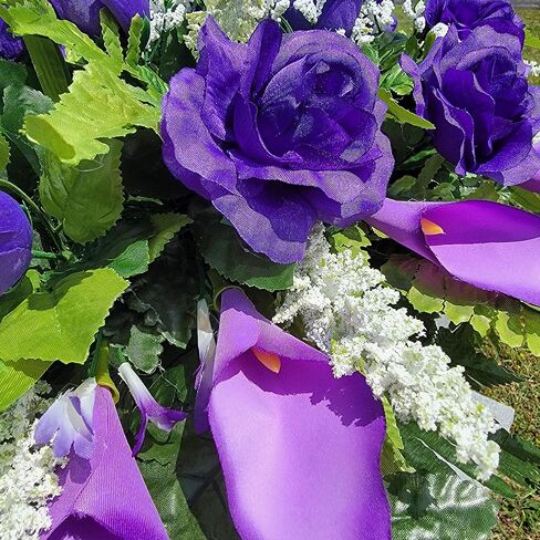 Cemetery Saddle Memorial Decoration - Realistic Silk Faux Floral Artificial Grave Flowers - Purple Roses and Calla Lilies for Headstone Decorating in Saudi Arabia
