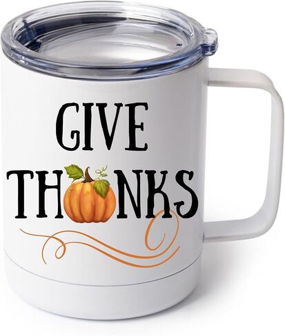 Give Thanks Coffee Mug | Insulated Cup with Lid | Fall Pumpkin Mug | Thanksgiving & Autumn Coffee Cup | Grateful Gift Idea in Saudi Arabia