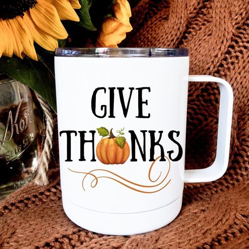 Give Thanks Coffee Mug | Insulated Cup with Lid | Fall Pumpkin Mug | Thanksgiving & Autumn Coffee Cup | Grateful Gift Idea in Saudi Arabia