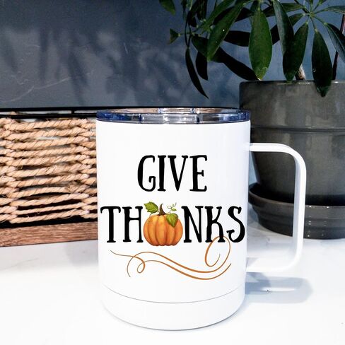Give Thanks Coffee Mug | Insulated Cup with Lid | Fall Pumpkin Mug | Thanksgiving & Autumn Coffee Cup | Grateful Gift Idea in Saudi Arabia