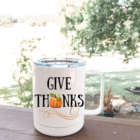 Give Thanks Coffee Mug | Insulated Cup with Lid | Fall Pumpkin Mug | Thanksgiving & Autumn Coffee Cup | Grateful Gift Idea in Saudi Arabia