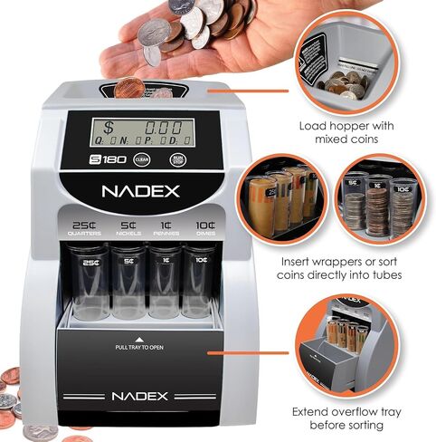 Nadex S180 Coin Digital Coin Counter و Sorter و Wrapper - يقوم تلقائيًا بفرز دفعات العملات المعدنية ، وتتوقف على لفائف العملات الكاملة والفضة in Kuwait