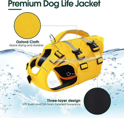 Kuoser Dog Life Jacket, High Flotation Dog Life Vest for Swimming Boating, Adjustable Ripstop Pet Lifesaver for Small Medium and Large Dogs, Reflective Safety Puppy Swimming Vest with Rescue Handle in Saudi Arabia