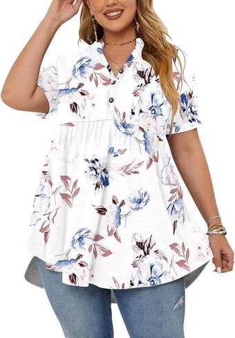 PLOKNRD المرأة حجم كبير بلايز قصيرة الأكمام هينلي الخامس الرقبة زر حتى Flowy تي شيرت تونك فضفاض البلوزات زهرة بيضاء in Kuwait