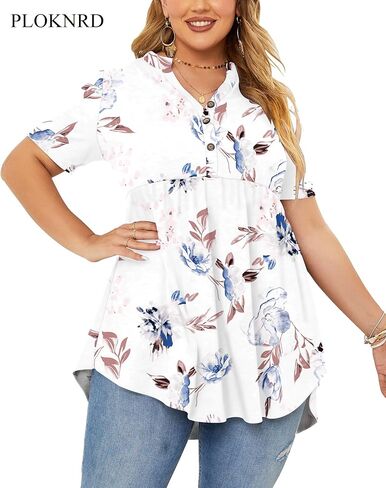 PLOKNRD المرأة حجم كبير بلايز قصيرة الأكمام هينلي الخامس الرقبة زر حتى Flowy تي شيرت تونك فضفاض البلوزات زهرة بيضاء in Kuwait