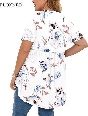 PLOKNRD المرأة حجم كبير بلايز قصيرة الأكمام هينلي الخامس الرقبة زر حتى Flowy تي شيرت تونك فضفاض البلوزات زهرة بيضاء in Kuwait