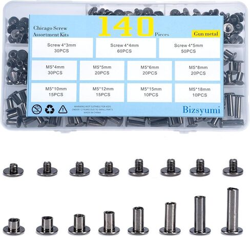 140Pcs Chicago Screws for Leather Crafting - 8 Sizes (M5x4/5/6/8/10/12/15/18) Gun Metal, Premium Durable Screw Rivets Kit for DIY Leather Projects, Belts, Wallets & Accessories, Metal Fasteners Set in Saudi Arabia