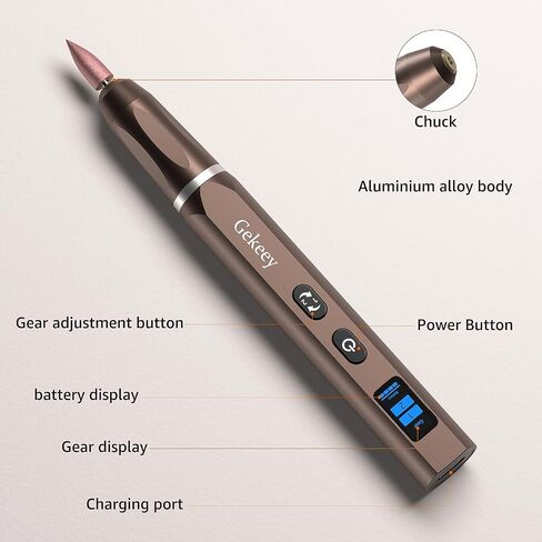 قلم Gekeey Electric Electric ، أداة دوارة صغيرة قابلة لإعادة الشحن مع 42 بت ، جسم الألومنيوم ، سرعة متغيرة ، قلم محمول محمول للزجاج المعدني والبلاستيك ، بني in Saudi Arabia