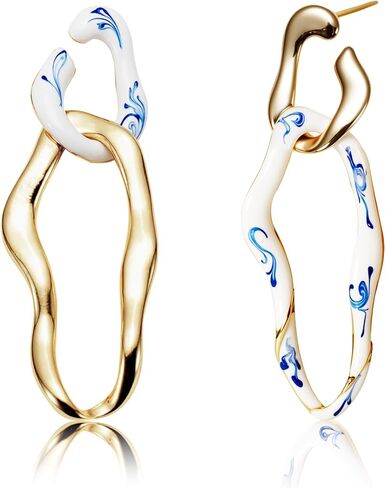 Asymmetrical Gold Long Earrings – Gold Drop Earrings with Ceramic Accent, Artistic Two-Tone Earrings for Women, Unique White and Gold Dangle Earrings for Gift in Saudi Arabia