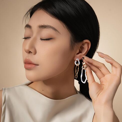 Asymmetrical Gold Long Earrings – Gold Drop Earrings with Ceramic Accent, Artistic Two-Tone Earrings for Women, Unique White and Gold Dangle Earrings for Gift in Saudi Arabia